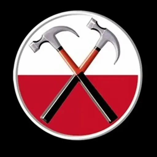 A symbol of two hammers, crossed.  The upper half of the background is solid white, and the lower half is solid red.  The hammers are red with a black handle.